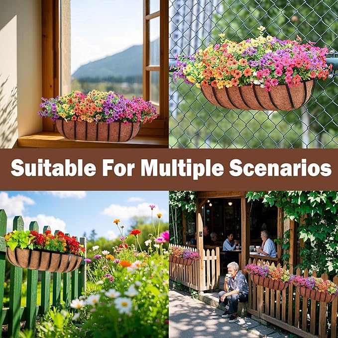 2 Pcs 36“ Railing Planter Window Box Deck Railing Planter Boxes with Coco Liner English Horse Trough Planters Metal Wall-Mounted Planters Basket for Outdoor Balcony Porch Fence Patio Rail