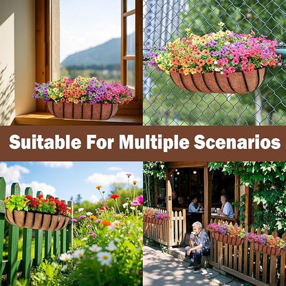 2 Pcs 24“ Railing Planter Window Box Deck Railing Planter Boxes with Coco Liner English Horse Trough Planters Metal Wall-Mounted Planters Basket for Outdoor Balcony Porch Fence Patio Rail