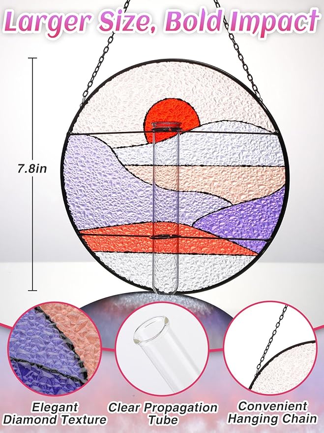 Stained Glass Propagation Stations - Sunshine Catcher Window Hanging Plant Holder, Terrariums Wall Decor for Women Mom Plant Lovers Christmas Gardening Gifts, Red