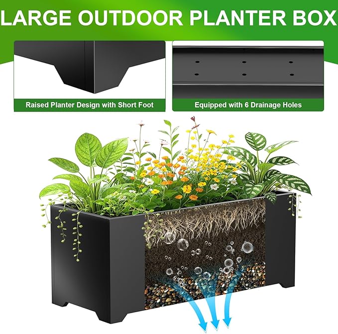 Metal Planter Box 32" L x 15" W x 15" H, Rectangular Trough Planter Box with 6 Drainage Holes & Raised Bottom, Black Large Outdoor Planters for Patio, Yard, Garden,Commercial Residential
