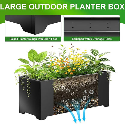 Metal Planter Box 32" L x 15" W x 15" H, Rectangular Trough Planter Box with 6 Drainage Holes & Raised Bottom, Black Large Outdoor Planters for Patio, Yard, Garden,Commercial Residential