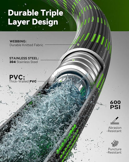 RAINPOINT Metal Garden Hose 50 ft - No-kink 304 Water Hose with 10 mode Nozzle - Brass Connection, Swivel Handle, Flexible Hose,Lightweight, Puncture