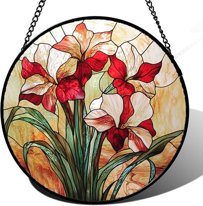 Stained Glass Window Hanging - Red Gladiolus Flower Suncatcher for Door Yard Sun Catchers Decor Christmas Mother's Day Birthday Gifts for Lovers Women Mom Nana Girlfriend Wife 15 in