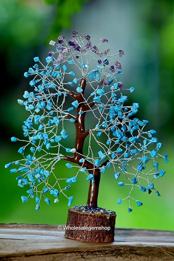 Turquoise & Amethyst Artificial Gemstone Tree with Silver Wire – Handcrafted Decorative Bonsai for Positive Energy & Home Décor