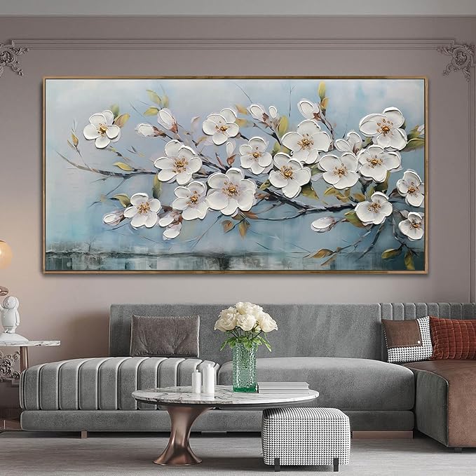 Anolyfi Framed Large Cherry Blossom Textured Flowers Wall Art for Living Room Canvas Painting, Modern Elegant Landscape Artwork for Bedroom Hallway Kitchen Office Home Decor, Wood Framed 40"x20"