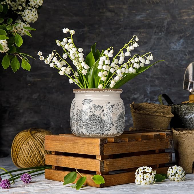 1 Pcs Vintage Planter Large Ceramic Plants Pot Grey Flower Crack Cottage Scroll Vase Flower Vase Pot Indoor Plants Home Kitchen Decor Farmhouse Antique Decorative Gift