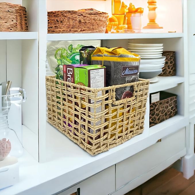 Handwoven Natural Basket Set – 3 Buri & Wicker Crates, 12"x10"x8", Storage for Pantry, Kitchen, Shelves, Breathable Open Weave Organizer, Rustic Milk Crate Design