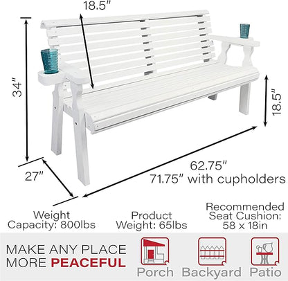 Amish Casual Heavy Duty Pressure Treated 5 Foot Outdoor Garden Bench with Cup Holders - Amish Crafted Roll Back Design in White Stain, 700 Lb Weight Capacity
