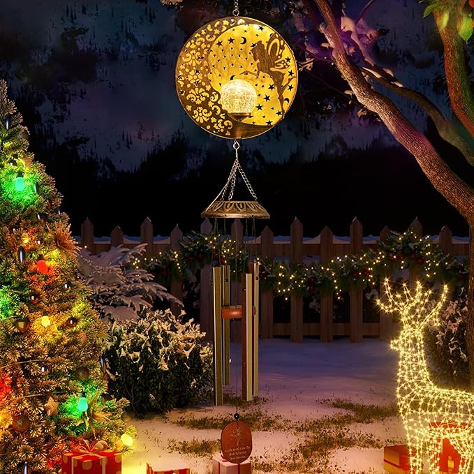 Tryme Solar Wind Chimes Outdoor Fairy Hanging Lights with 4 Aluminum Tubes, Moon Yard Decorations for Patio, Porch, Deck, Perfect Gardening Gifts for Women