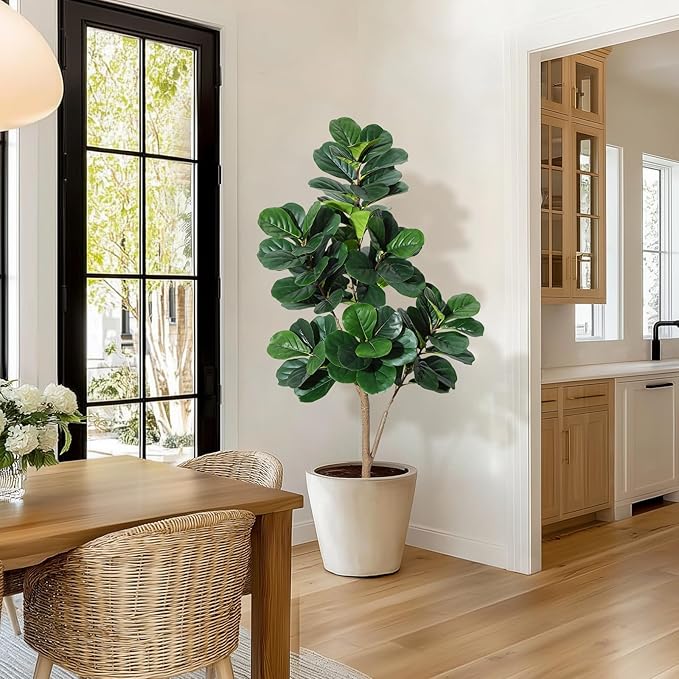 5 ft Fiddle Leaf Fig Tree Artificial with 77 Leaves - Realistic Faux Ficus Lyrata Trees in 7.8 in Grey Planter Pot, Indoor Fake Floor Plants for Home Office Living Room Decor, Housewarming Gift