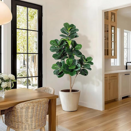 5 ft Fiddle Leaf Fig Tree Artificial with 77 Leaves - Realistic Faux Ficus Lyrata Trees in 7.8 in White Planter Pot, Indoor Fake Floor Plants for Home Office Living Room Decor, Housewarming Gift