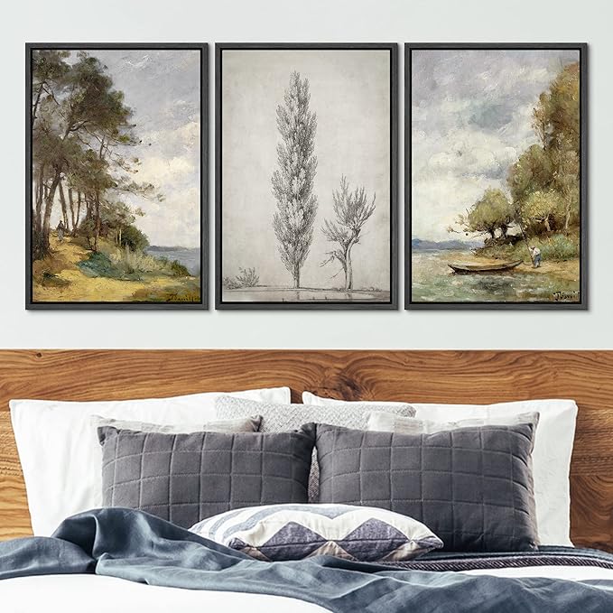 Ashbrook Framed Canvas Print Wall Art Set Forest Tree Lake Nature Wilderness Illustrations Fine Art Decorative Floral Botanical Garden Vintage for Living Room, Bedroom, Office - 16"x24"x3 Black