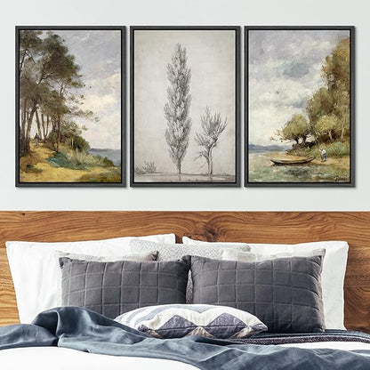 Ashbrook Framed Canvas Print Wall Art Set Forest Tree Lake Nature Wilderness Illustrations Fine Art Decorative Floral Botanical Garden Vintage for Living Room, Bedroom, Office - 16"x24"x3 Black
