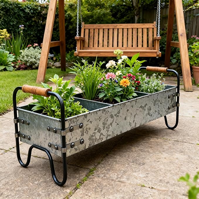 Rustic Galvanized Metal 3-Compartment Planter with Wood Handles, Vintage Style Succulent Herb Flower Pot for Indoor Outdoor Garden, Kitchen, Windowsill Decor