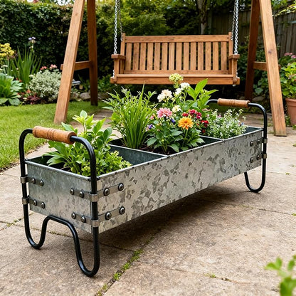 Rustic Galvanized Metal 3-Compartment Planter with Wood Handles, Vintage Style Succulent Herb Flower Pot for Indoor Outdoor Garden, Kitchen, Windowsill Decor