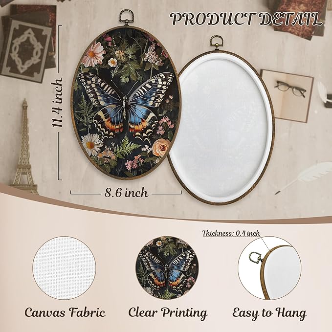 LKETW William Morris Butterfly Floral Oval Wall Art Decor, Vintage Butterfly Botanical Oval Canvas Hanging Decor, Cottagecore Moth Flower Wall Decorations for Home Bedroom Living Room, 8.6x11.4 Inch