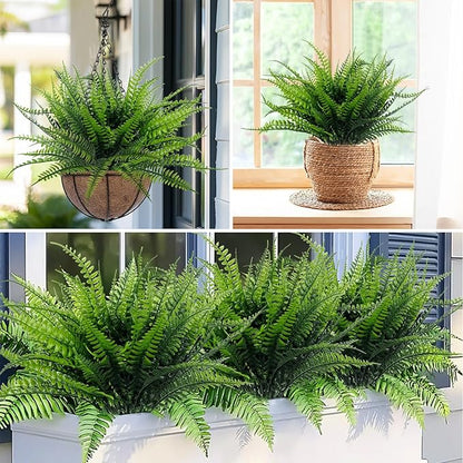 TURNMEON 12 Bundles Fake Boston Fern Artificial Plants Outdoor Spring Decor, UV Resistant Faux Plants Flowers Plastic Greenery Shrubs for Outside Indoor Home Gardens Patio Yards Porch Summer Decor