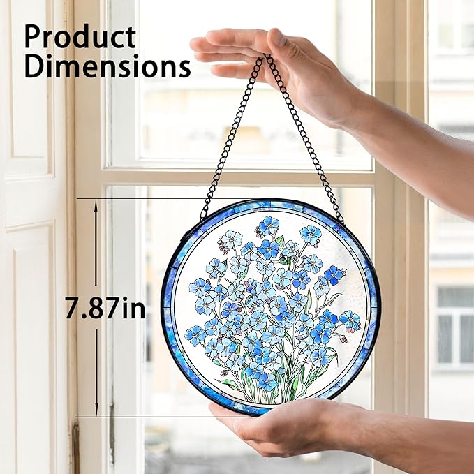 TNUW Blue Forget Me Not Flower Stained Glass Window Hanging, Blue Flower Sun Catchers Indoor Window Glass Round Wall Art Decor, Floral Botanical Wall Hanging Decorations, 7.9＂x7.9＂