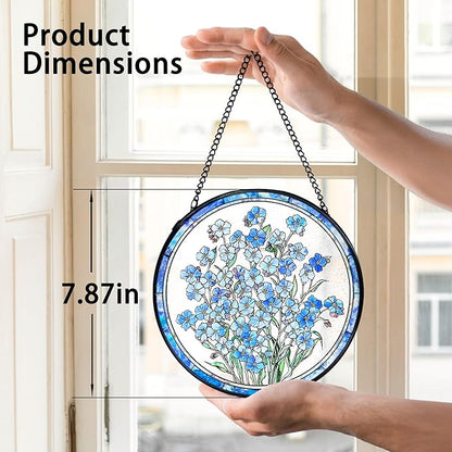 TNUW Blue Forget Me Not Flower Stained Glass Window Hanging, Blue Flower Sun Catchers Indoor Window Glass Round Wall Art Decor, Floral Botanical Wall Hanging Decorations, 7.9＂x7.9＂