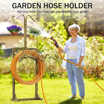 Garden Hose Holder - Upgraded Water Hose Holders for Outside with 5 Spikes & 2 Shepherds Hooks, Freestanding Hose Stand Hose Hanger Hose Storage Hose Reel Rack for Yard Lawn(Antique Golden)