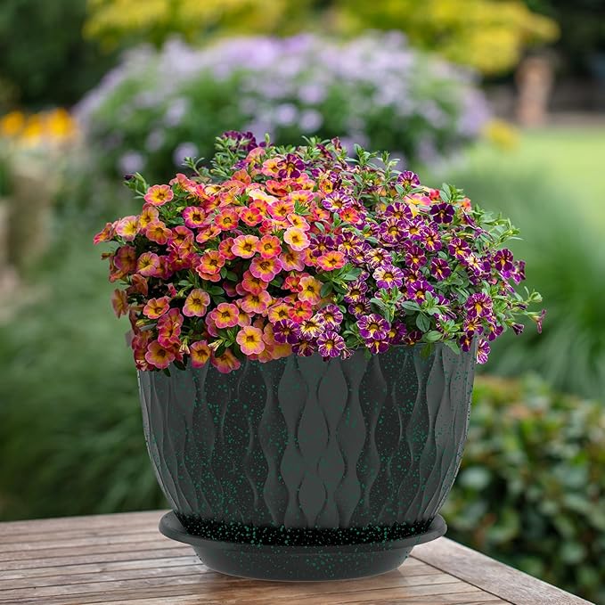 12/10/9 Inch Planter Pots, 3-Pack Large Flower Pots for Indoor Outdoor Garden Plants, Big Plant Pots with Multi Mesh Drainage Holes and Saucer (Black with Green Speckles, 12"+10"+9")