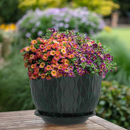 12/10/9 Inch Planter Pots, 3-Pack Large Flower Pots for Indoor Outdoor Garden Plants, Big Plant Pots with Multi Mesh Drainage Holes and Saucer (Black with Green Speckles, 12"+10"+9")
