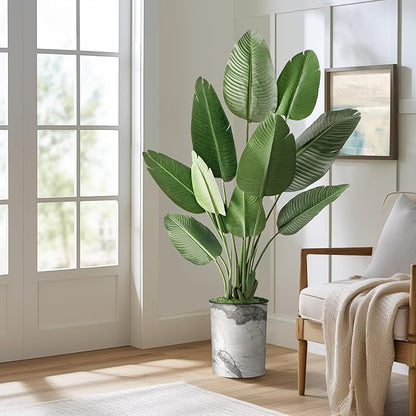 Artificial Tree in Gray Marble Effect Planter, Fake Bird of Paradise Silk Trees for Indoor and Outdoor Home Decoration - 58" Overall Tall (Plant Pot Plus Tree)