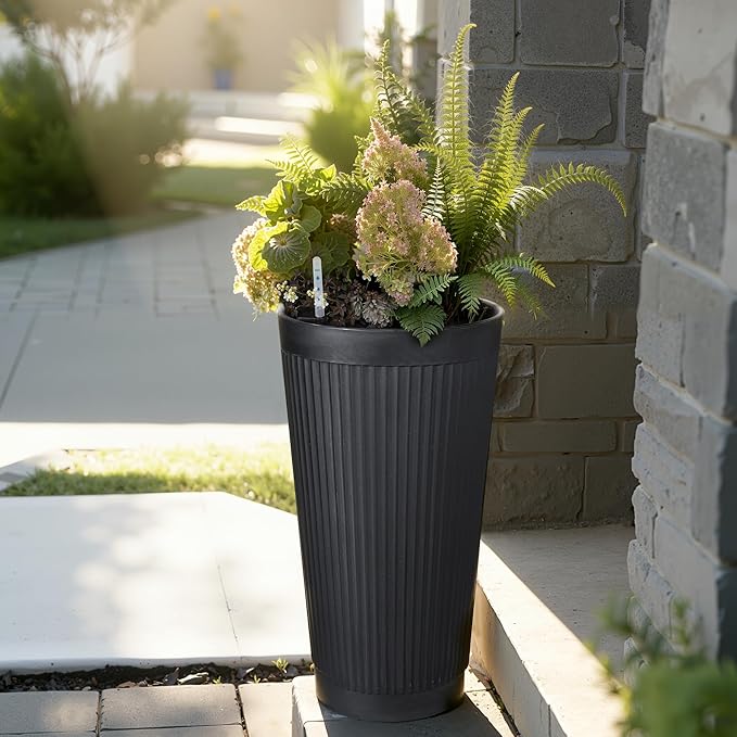 Self Watering Tall Planters for Outdoor Plants, 24” Set of 2 Large Flower Pots with Drainage Hole, Modern Plastic Black Planter for Indoor, Patio, Balcony (Ribbed)