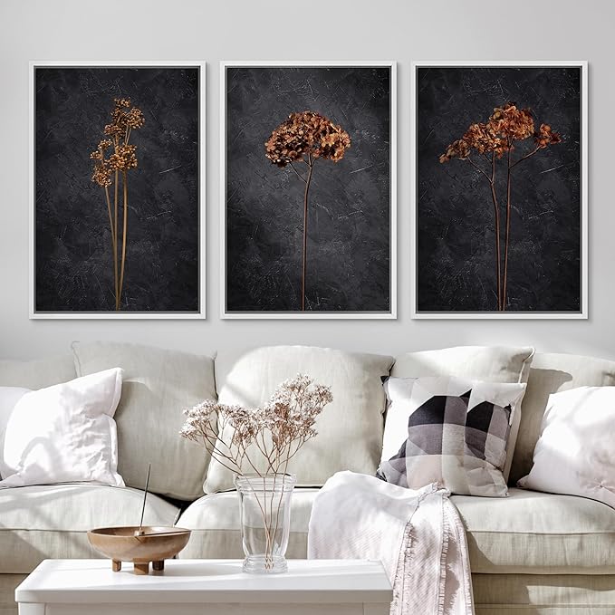 Ashbrook Framed Canvas Print Wall Art Set Grunge Moody Orange Flower Nature Wilderness Illustrations Modern Art Decorative Floral Botanical Minimal Calm/Relax/Cozy for Bedroom - 16"x24"x3 WHITE