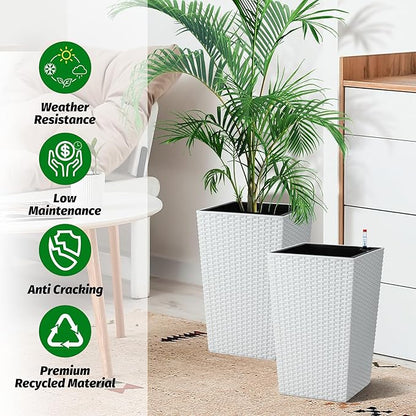 GarveeLife 16 in Tall Planter Set of 2 Large Rattan Flower Pot with 2 Trays & a Water Level Monitor Outdoor and Indoor for Patio, Porch, Living Room, or Home Office, White