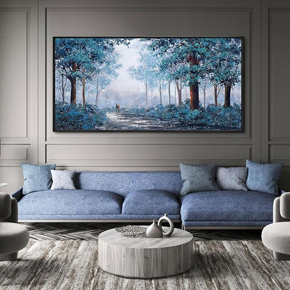 KLAKLA Framed Navy Blue Wall Art - Large Wall Art - Multi-layered Paint Overlay Effect Blue Leaves Plant Forest Picture Artwork Living Room Bedroom Wall Decor