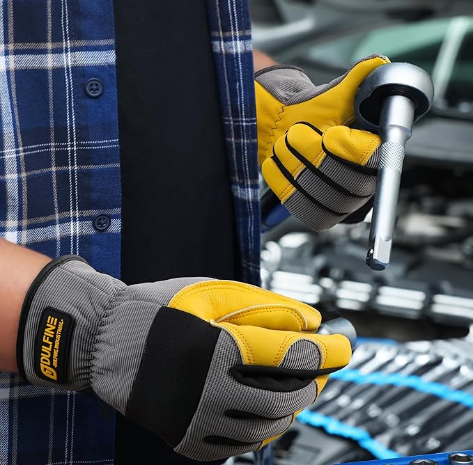 DULFINE Cow Leather Palm Mechanic Work Gloves for Men & Women,Flexible Breathable Fit-Padded Knuckles,Ideal for Construction Yardworks DIY