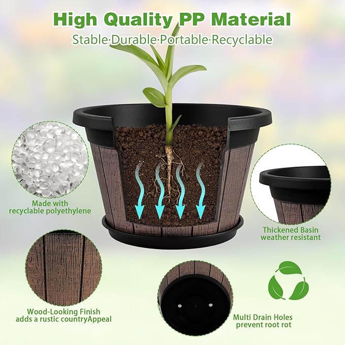 Quarut 4 Pack 8 inch Plant Pot,Upgrade Whiskey Barrel Planters with Drainage Holes & Saucer,Plastic Decoration Flower Pots Retro Design,Planters for Outdoor Indoor Garden Home Plants (Brown)