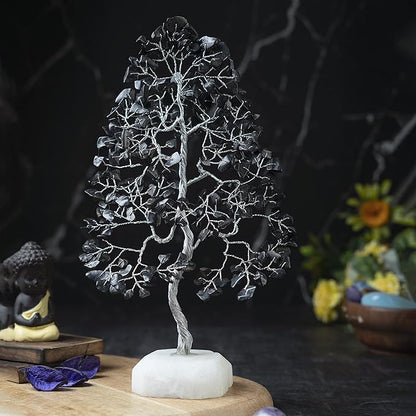 Black Tourmaline Gemstone Tree of Life Quartz Base Chakra Tree for Positive Energy, Handmade Crystal Tree Feng Shui Decor Money Tree Bonsai Good Luck Black Healing Crystals Spiritual Fathers Day Gift