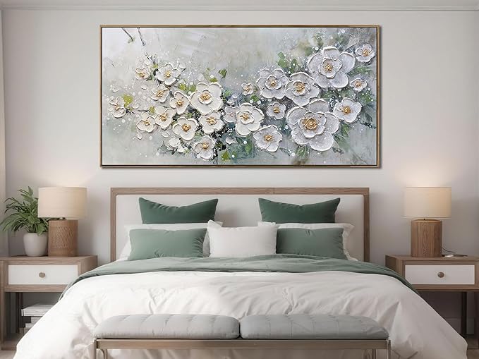 Brushart Large White Flower Wall Art Textured Floral Canvas Wall Art Decor Pictures Paintings Artwork for Living Room Dining Room Bedroom Home Office, Framed 58"x29"