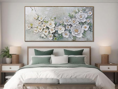 Brushart Large White Flower Wall Art Textured Floral Canvas Wall Art Decor Pictures Paintings Artwork for Living Room Dining Room Bedroom Home Office, Framed 58"x29"