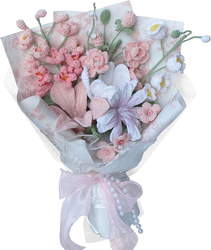 Tulip Crape Myrtle Peruvian Lily Pink White Crochet Flowers Bouquet Handmade Knitted Artificial Flowers Home Decor