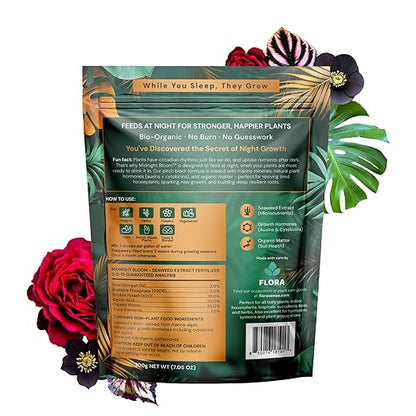 Flora Midnight Bloom Organic Seaweed Fertilizer Powder – 200g | Bio-Organic Plant Food for Indoor & Outdoor Plants | Fast Root Growth & Leaf Boost | Feeds at Night | 35+ Waterings