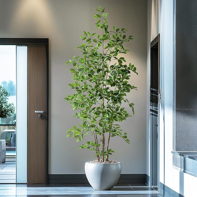 Artificial Ficus Tree Indoor 7ft, Large Potted Faux Tree with Realistic Silk Leaves & Trunk for Home Office, Living Room Corner Decor