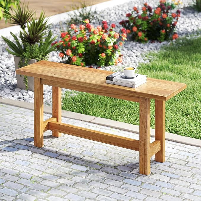 Tangkula Outdoor Teak Wood Bench, Patio Dining Bench Seat, Wooden Garden Bench, 2-Person Loveseat Seating for Porch, Backyard and Poolside (1,Natural)