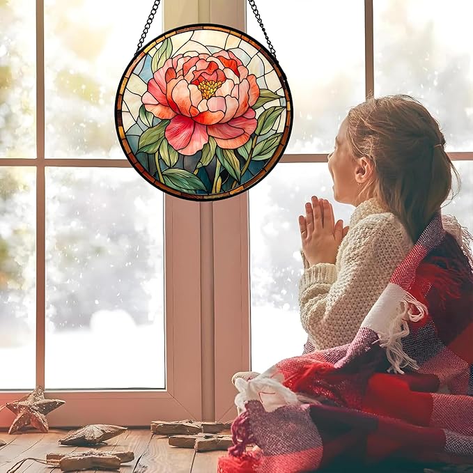 Stained Glass Window Hanging - Pink Peony Floral Suncatcher for Door Garden Yard Birth Flower Sun Catchers Decor Christmas Mother's Day Birthday Gifts for Women Mom Nana Wife Teacher 6.3 in