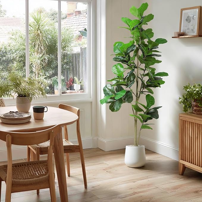 Artificial Fiddle Leaf Tree, 7ft Faux Plant Fake Ficus Lyrata Trees with White Planter, Artificial Fig Trees Floor Plants for House Office Living Room Indoor Home Decor, Housewarming Gift