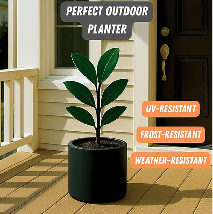 Fox & Fern 8 Inch Black Plant Pot with Drainage Plug — Premium Lightweight Fiberstone Matte Black Planter; 8 Inch Pots for Plants; for Indoor & Outdoor Use; Weather Resistant & UV Resistant