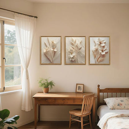 FYLDPSB 3Pcs Framed Neutral Beige Floral Canvas Wall art, Modern Simple Texture Plant Painting Wall Decor, Vintage Flower Poster Prints for Living Room Bedroom Farmhouse Ready to Hang 16''L x 12''W