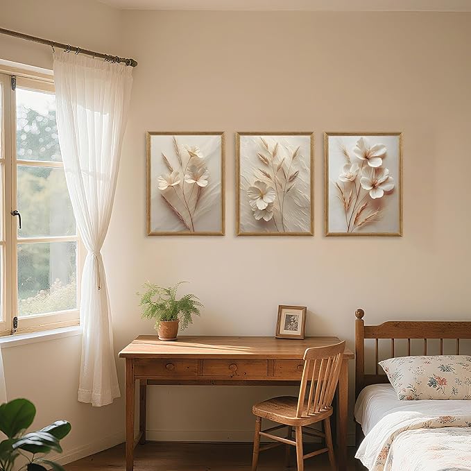 FYLDPSB 3Pcs Framed Neutral Beige Floral Canvas Wall art, Modern Simple Texture Plant Painting Wall Decor, Vintage Flower Poster Prints for Living Room Bedroom Farmhouse Ready to Hang 24''L x 16''W