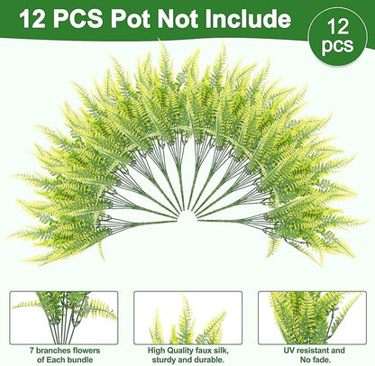 FGSAEOR 12 Bundles Artificial Boston Ferns Flowers for Outdoor Indoor, Faux Flower with Eucalyptus Leaves Fake Plants Greenery, Garden Home Decor