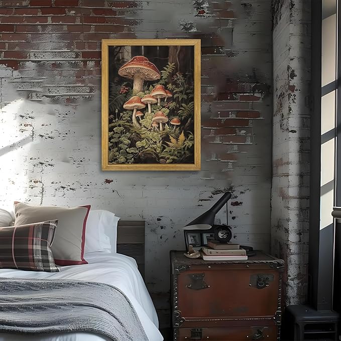 SAMHOU Framed Vintage Kitchen Wall Art, Rustic Woodland Mushroom Wall Decor, 3D Textured Hand Drawn Sandstone Print Painting, for Living Room Bedroom Kitchen 12x16 Inch