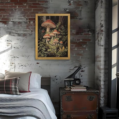 SAMHOU Framed Vintage Kitchen Wall Art, Rustic Woodland Mushroom Wall Decor, 3D Textured Hand Drawn Sandstone Print Painting, for Living Room Bedroom Kitchen 16x24 Inch