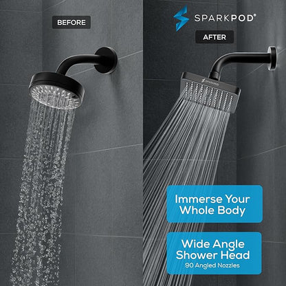 SparkPod Shower Head - High Pressure Rain - Premium Quality Luxury Design - 1-Min Install - Easy Clean Adjustable Replacement for Your Bathroom Shower Heads (Midnight Black Matte, 6 Inch Square)