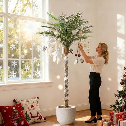 Artificial Phoenix Palm Tree 7ft Tall 2 Set – Fake Large Tropical Tree with 15 Adjustable Leaves, Outdoor Indoor Faux Sago Palm Plant for Living Room Patio Poolside Yard Decor (2, 7ft)